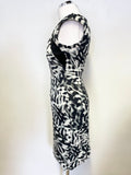 KAREN MILLEN BLACK,IVORY & GREY PRINT SLEEVELESS PENCIL DRESS SIZE 10