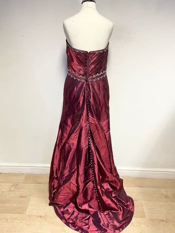 FOREVER YOURS DEEP RED TAFFETA JEWEL EMBELLISHED LONG EVENING DRESS/ BALL GOWN SIZE 10