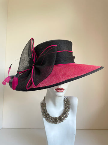 JACQUES VERT DARK PINK & BLACK BOW & FEATHER TRIM FORMAL HAT