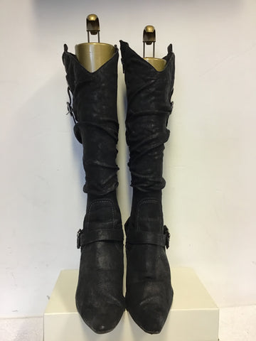 MARCO TOZZI BLACK SUEDETTE BUCKLE TRIM KNEE LENGTH BOOTS SIZE 7/40