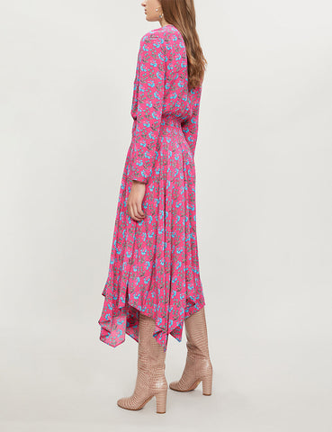 MAJE RAYINA DARK PINK DITSY FLORAL PRINT LONG SLEEVE ASYMMETRIC HEM DRESS SIZE 1 UK 8/10