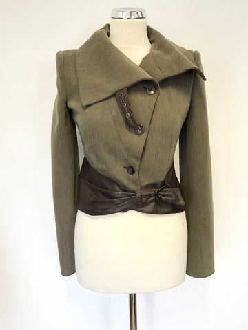 ARMANI COLLEZIONI BROWN WOOL BLEND WITH LEATHER TRIM JACKET & TROUSER SUIT SIZE 40 UK 8