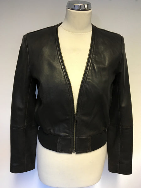 FRENCH CONNECTION DARK BROWN LEATHER ZIP FASTEN JACKET SIZE 10