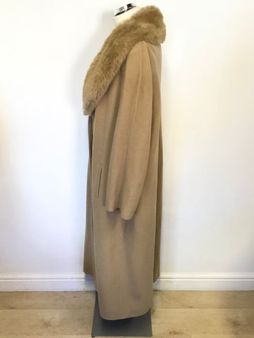WINDSMOOR CAMEL WOOL & CASHMERE BLEND DETACHABLE FAUX FUR COLLAR LONG COAT SIZE 10  FIT UK 14/16