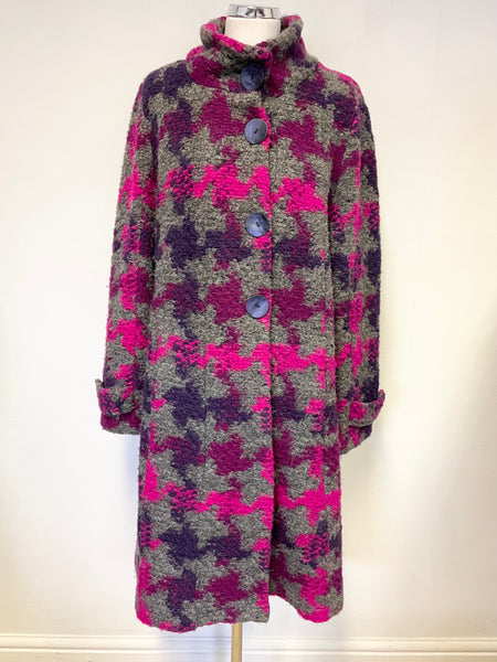 SAHARA GREY,PINK & PURPLE PATTERNED WOOL BLEND UNLINED COAT SIZE S/M