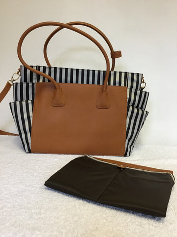 BRAND NEW RARE HENRI BENDEL MISS BENDEL TAN LEATHER & BROWN STRIPE BABY / TRAVEL BAG