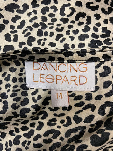 DANCING LEOPARD BLACK & PALE GOLD LEOPARD PRINT LONG SLEEVE MIDI WRAP DRESS SIZE 14