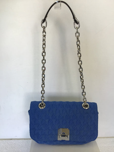JAEGER BLUE EMBOSSED STITCHED FABRIC & SILVER CHAIN STRAP SHOULDER BAG