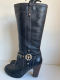 RIVER ISLAND BLACK LEATHER & GOLD TRIM HEELED BOOTS SIZE 7/40