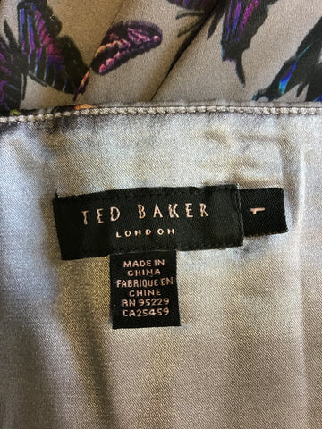 TED BAKER GREY BUTTERFLY PRINT SILK HALTER NECK / STRAPLESS MAXI  DRESS SIZE 1 UK 8