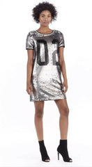 BRAND NEW TRUE RELIGION SILVER & BLACK SPORTY SHORT SLEEVE SHIFT MINI DRESS SIZE S/P