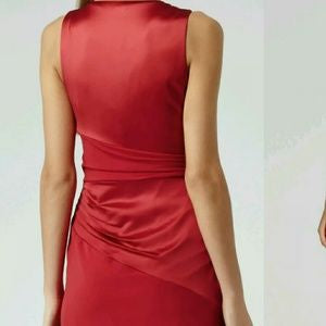 REISS HERIMONE RED ASYMMETRIC NECKLINE SATIN & CHIFON PLEATED DRAPE PENCIL DRESS SIZE 14