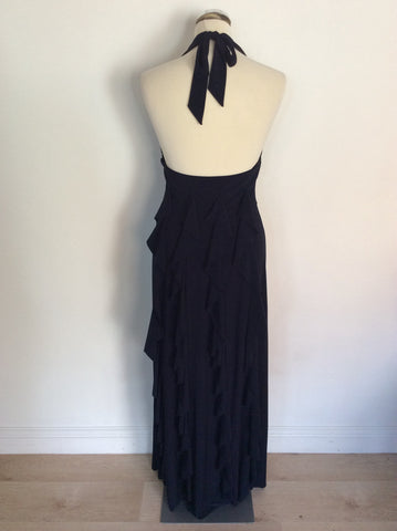 BETSY & ADAM BYLINDA BERNELL NAVY BLUE LONG FRILL TRIM EVENING DRESS SIZE 10