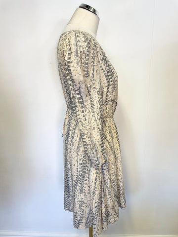 REISS JULIETTE CREAM & GREY FEATHER PRINT 3/4 SLEEVE DRESS SIZE 8