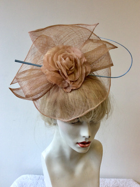 J BEES MILLINARY DUSKY PINK ROSE TRIM & BLUE COIL FASCINATOR
