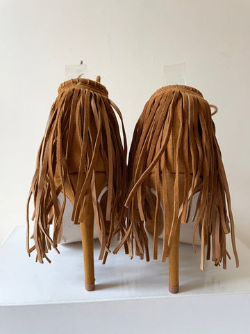 BRAND NEW ZARA TAN FAUX SUEDE FRINGE TRIM HEELS SIZE 5/38