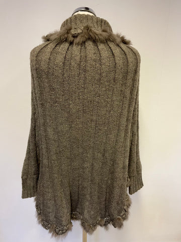 M.R COLLECTION BROWN RIBBED RABBIT FUR TRIM PONCHO / JUMPER ONE SIZE