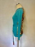 MANOUSH TURQUOISE FLORAL BEADED TRIM & GOLD SEQUINNED TIE BELT JUMPER SIZE M