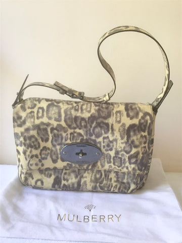 MULBERRY CREAM & GREY LEOPARD PRINT PATENT LEATHER BAYSWATER SHOULDER BAG