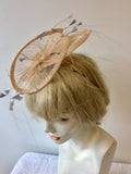HARE AND THE HAT BESPOKE MILLINARY PALE PEACH & GREY FEATHER TRIM FASCINATOR