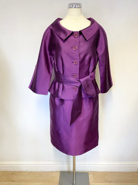 LK BENNETT PURPLE SILK & WOOL BLEND PENCIL DRESS & JACKET SUIT SIZE 12
