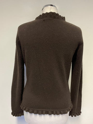 PURE COLLECTION BROWN 100% CASHMERE FRILL EDGED CARDIGAN SIZE 12