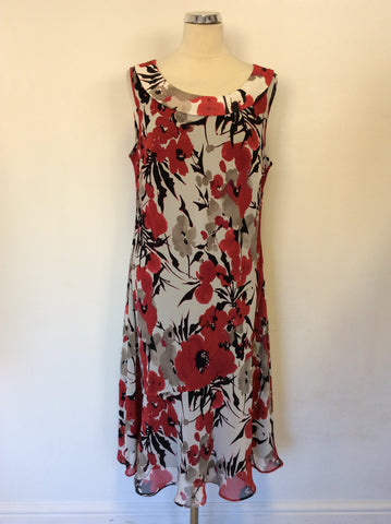 WINDSMOOR RED,WHITE,BLACK & GREY FLORAL PRINT DRESS SIZE 16