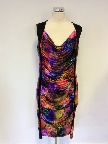 ARIANNA MULTI COLOURED PRINT STRETCH DRAPED DRESS SIZE 44 UK 16