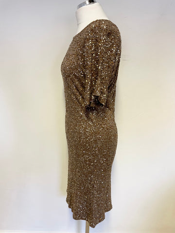 JIGSAW LIGHT BROWN & GOLD SEQUINNED SHORT SLEEVE SHIFT DRESS SIZE S