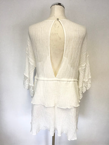 STEVIE MAY WHITE COTTON & LINEN LACE TRIM 3/4 SLEEVE TIERED MINI DRESS SIZE M