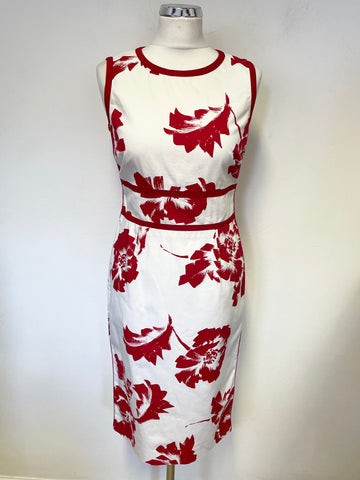 HOBBS WHITE & RED FLORAL PRINT SLEEVELESS COTTON PENCIL DRESS SIZE 10