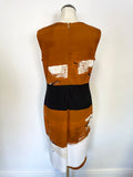 MAX MARA BURNT ORANGE,BLACK & IVORY PRINT SLEEVELESS SHIFT DRESS SIZE 14