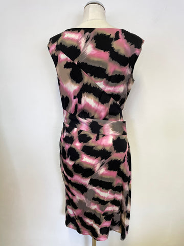 DIANE VON FURSTENBERG PINK,BLACK, BEIGE & IVORY PRINT SILK DRAPED PENCIL DRESS SIZE 12