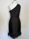 LK BENNETT BLACK RIBBON LABEL BLACK ONE SHOULDER FEATHER TRIM COCKTAIL DRESS SIZE 8