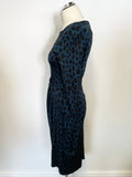 LK BENNETT CELOSIA TEAL & BLACK PRINT 3/4 SLEEVE PENCIL DRESS SIZE 12