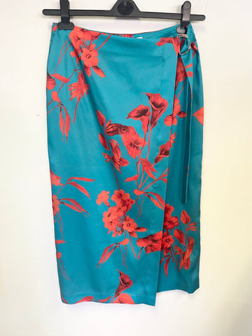 BRAND NEW TED BAKER FANTASIA TURQUOISE & RED FLORAL PRINT WRAP MIDI SKIRT  SIZE 2 UK 10/12