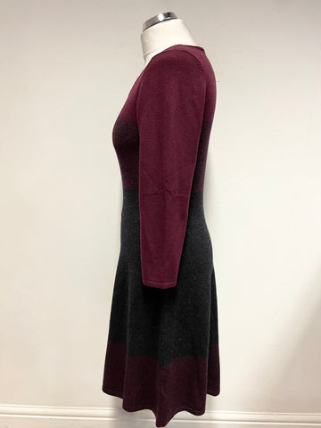 JIGSAW BURGUNDY & GREY WOOL BLEND FIT & FLARE KNIT DRESS SIZE S