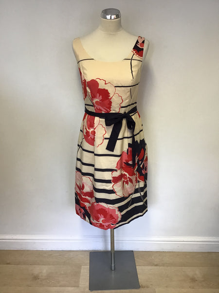 KALIKO CREAM FLORAL PRINT SILK & COTTON BELTED DRESS SIZE 10
