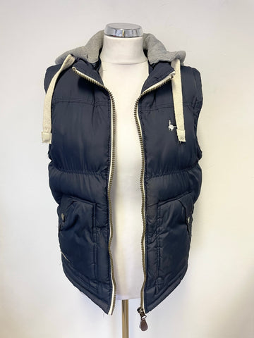 JACK WILLS NAVY BLUE PADDED WITH GREY DETACHABLE HOOD GILET SIZE S