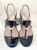 EMPORIO ARMANI BLACK PATENT LEATHER TOE POST SLING BACK HEEL FLAT SANDALS SIZE 4/37