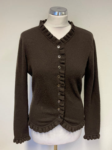 PURE COLLECTION BROWN 100% CASHMERE FRILL EDGED CARDIGAN SIZE 12