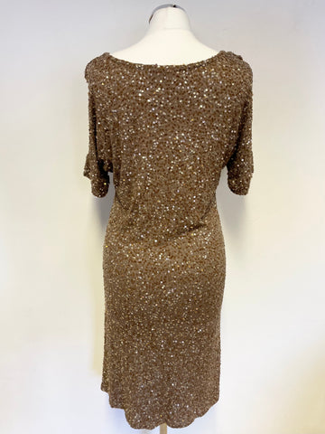 JIGSAW LIGHT BROWN & GOLD SEQUINNED SHORT SLEEVE SHIFT DRESS SIZE S