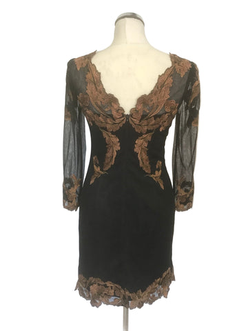 KAREN MILLEN BLACK & COPPER EMBROIDERED FLORAL DRESS SIZE 10