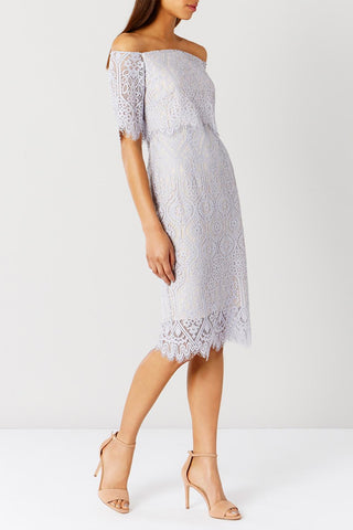 BRAND NEW COAST MARSHA SILVER GREY OFF SHOULDER LACE PENCIL DRESS SIZE 12