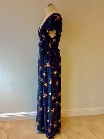 FRENCH CONNECTION DARK BLUE FLORAL PRINT SILK MAXI DRESS SIZE 12