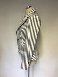 KAREN MILLEN WHITE WITH BLUE & BLACK STRIPE COTTON BLEND JACKET SIZE 8