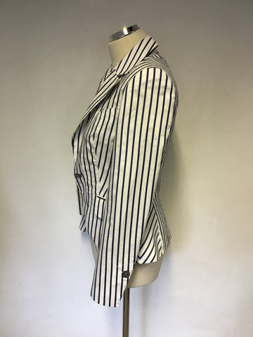 KAREN MILLEN WHITE WITH BLUE & BLACK STRIPE COTTON BLEND JACKET SIZE 8