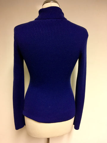 HOBBS BLUE RIBBED WOOL POLO NECK JUMPER SIZE 10
