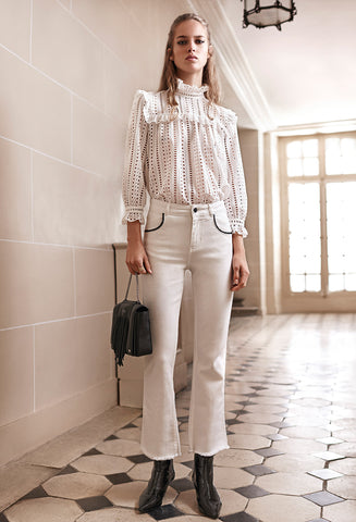 CAUDIE PIERLOT WHITE BROIDERY ANGLAISE HIGH NECK TOP SIZE 38 UK 10