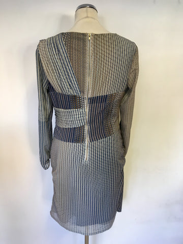 REISS BEULAH BLUE,GREY & BROWN PRINT CHIFFON DRAPED LONG SLEEVE DRESS SIZE 14
